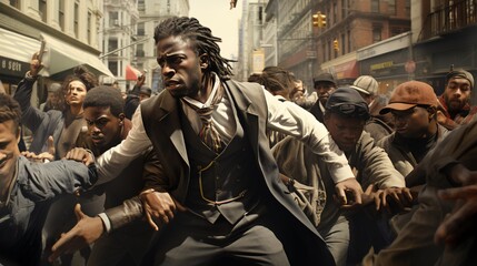 Rioting in the street, an African American man defends himself in the street while helping others. 
