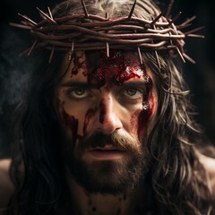 Jesus, savior, healer, wearing a crown of thorns, bloody and beaten, Easter Sunday Morning.   - obrazy, fototapety, plakaty