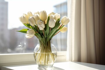 Fresh white tulips in a vase by a window in a bedroom. Beautiful tulips in a clear glass vase with water. Art composition of fresh tulips in a beautiful glass vase. Generative AI