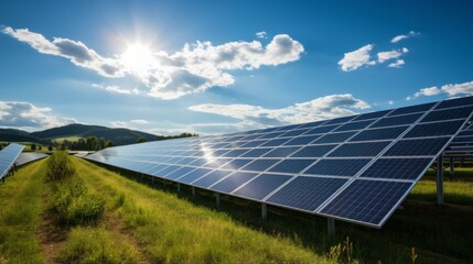 Photo of rows of large solar panels in a vast field, harnessing renewable energy from the sun created with Generative AI technology