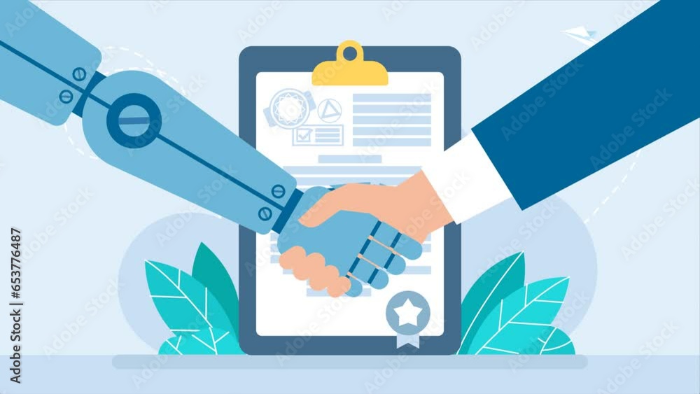 Poster cooperation with artificial intelligence. ai robot and businessman handshake together. concept of pa