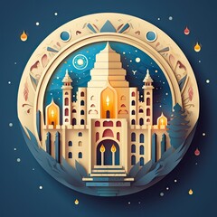 Papercut night cityscape. Ramadan celebration background. Islamic holiday greeting card for Raya Hari, Eid al Adha. Papercraft, quilling