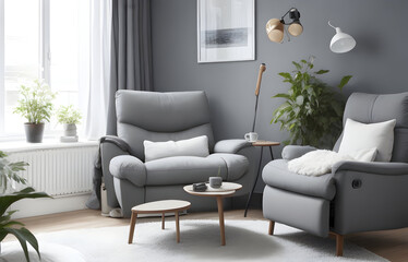 Grey sofa and recliner chair in scandinavian apartment. Interior design of modern living room.  Generative AI