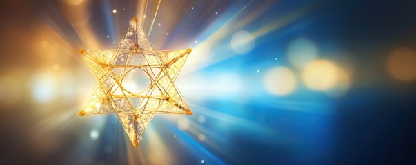 Decorative golden Jewish religion symbol Magen David star on blue bokeh blurred background. Rosh Hashanah, Jewish New Year holiday or Hannukah greeting card with lights and Jewish star - obrazy, fototapety, plakaty