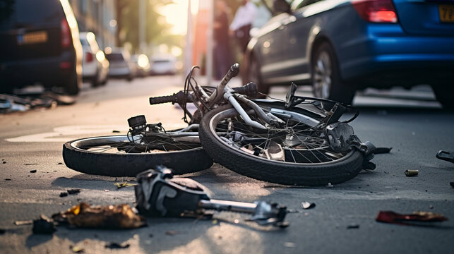 Bicycle accident in road. Broken bike after dangerous crash in city street.