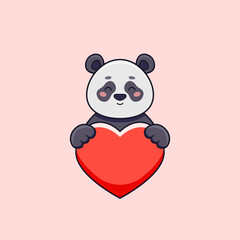 Cute panda holding heart love in cartoon style. Vector illustration