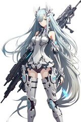 anime a fullbody portrait of a slender agile humanoid girl with long blue hair and with sleek white armor and flowing silver hair they have shrp angular facial features and their weapon of choice is 