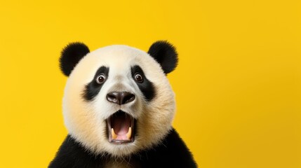 Obraz premium Panda Looking Surprised Reacting Amazed Impressed Standing Over Yellow Background