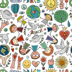 International peace day. Doves. People Holding Hands together. Seamless pattern for your design