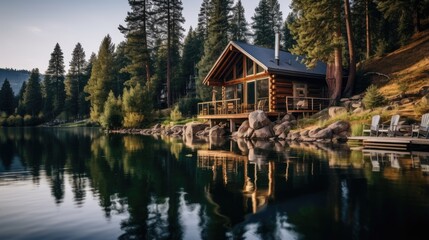 Fototapeta premium Peaceful Lakeside Cabin in the Mountains