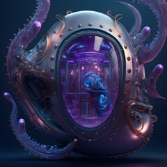 inside enormous transluscent steampunk blue chrome and violet scifi nautilus vessel with aliens inside hyper realistic detailed 3D 4K photo Realistic hyper detailed ultra quality octane rendering 