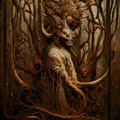 Evil faun Evil Satyr forrest leaves wood relief carving stained wood 