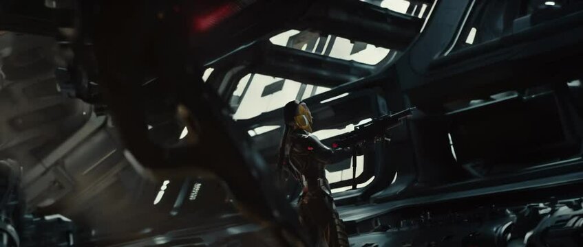 Medium shot of female dressed in futuristic outfit standing in  spaceship with big black machine gun. High quality 4K