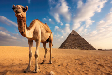 A Camel against the backdrop of the iconic Egypt's pyramids. Close-up shot of a camel amidst the Giza pyramid complex