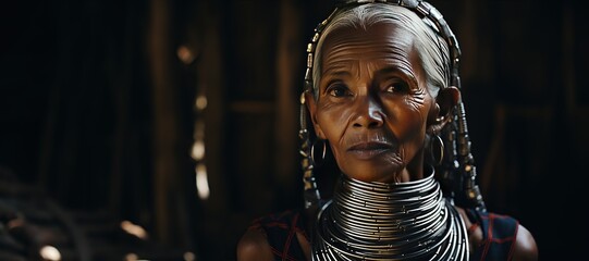 Long-necked Kayan woman wearing traditional brass neck rings in a village in Myanmar,Generated with AI - obrazy, fototapety, plakaty