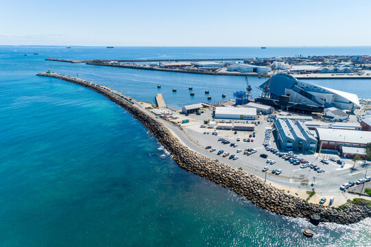 Aerial oblique view of WA Maritime Museum and the Inner Harbour entrance.