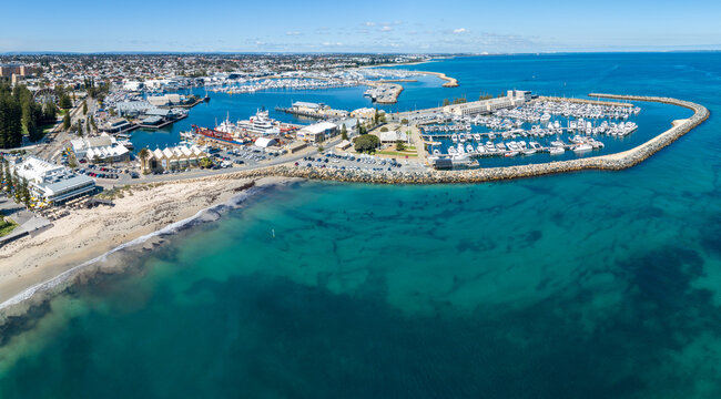 Aerial pano of Bathers Beach, Fremantle Fishing Boat Harbour, and Royal Perth Yacht Club - Fremantle