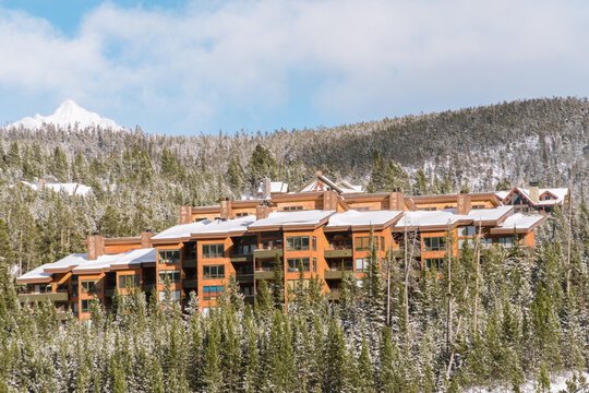  Ski condos covered in snow on the side of a mountain surrounded by snow covered pine trees.