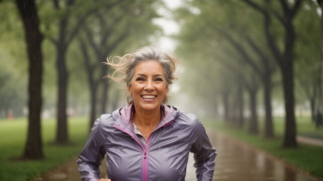 portrait of mature woman running outdoors, maintaining a healthy lifestyle through regular exercise, embracing fitness and wellness in a natural environment.