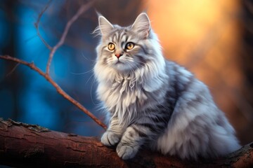 Naklejka na ściany i meble Stunning Siberian Cat - Female Silver Type with Grey Fur and Striking Cat Eyes