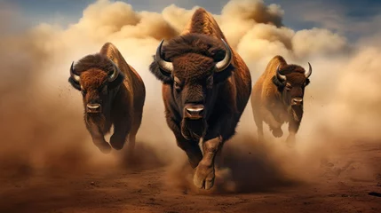 Foto op Plexiglas Thundering Bison Stampede Amidst a Wild Storm on North American Prairie. 3D Rendering of Majestic Buffalo Charging Across Wilderness © Alona