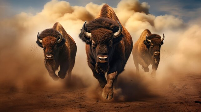 Thundering Bison Stampede Amidst a Wild Storm on North American Prairie. 3D Rendering of Majestic Buffalo Charging Across Wilderness © Alona
