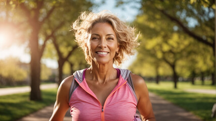 Mature woman running outdoors, maintaining a healthy lifestyle through regular exercise, embracing fitness and wellness in a natural environment.