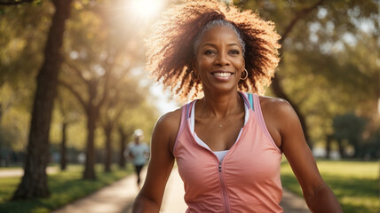 Mature woman running outdoors, maintaining a healthy lifestyle through regular exercise, embracing fitness and wellness in a natural environment.