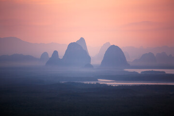 Sunrise time at Samed Nang Chee mountain view point in Phang Nga Province Thailand.