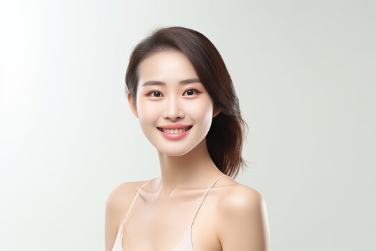 Beautiful Asian woman smiles and radiates happiness, showcasing her healthy, glowing skin. Generative AI