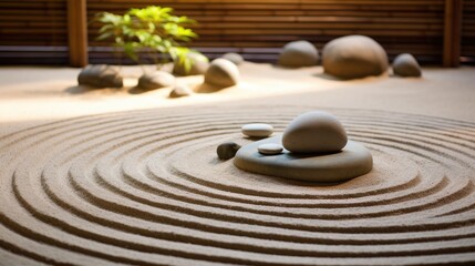 Fototapeta na wymiar Peaceful Zen Garden with Raked Sand and Meditation Stones