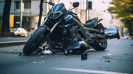Motorcycle accident in road. Broken bike after dangerous crash in city street.