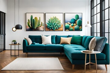 Paintings of cactus and hexagons hanging over a