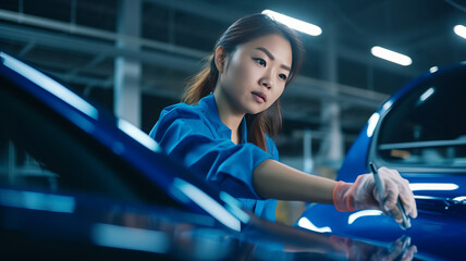 asian female worker checking detailing expert EV car getting ready to use