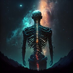 a human spine floating throut the stars cyberpunk 