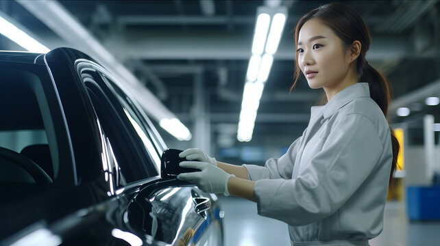 asian female worker checking detailing expert EV car getting ready to use