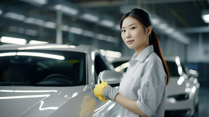 asian female worker checking detailing expert EV car getting ready to use generative ai