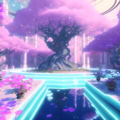 High resolution futuristic fantasy architecture iridescent opalescent sky flowery garden with maze pools filled with iridescent glowing water opalescent flowering tree realistic Unreal Engine Octane 