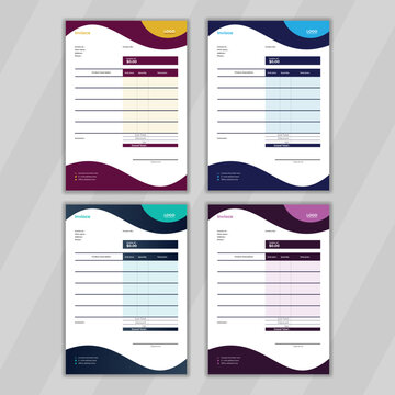 Multiple Design Template for Invoice. A4 size billing design concept. Colorful Business Document design idea. Colorful office stationery design with minimal concept also ready to print.
