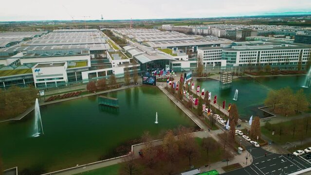 Munich, Germany - November 15 2022: Aerial Exploration of the Munich Trade Fair Center Complex.