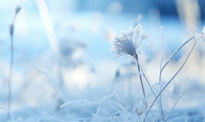 Frozen white roses in a frosty field.