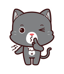 Hush. Little Black Cat asking for silence or secrecy with finger on lips shhh hand gesture, cartoon chibi style