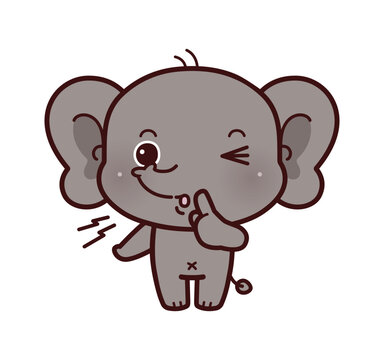 Hush. Little Elephant asking for silence or secrecy with finger on lips shhh hand gesture, cartoon chibi style