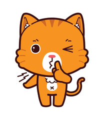 Hush. Little Orange Cat asking for silence or secrecy with finger on lips shhh hand gesture, cartoon chibi style