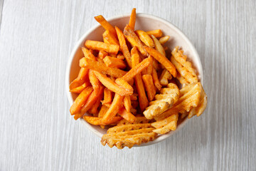 Top shot of a bowl of fries