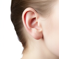 closeup side profile portrait of ear beautiful european american woman with hair. perfect face structure. isolated on white background. ad for earring and accessoires. Generative AI - obrazy, fototapety, plakaty