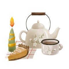 Autumn composition with white kettle, pie, cup and green candle with golden ribbon. Cozy isolated design