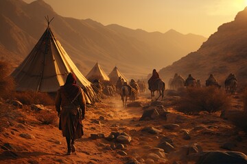 Bedouin people and their nomadic way of life in the desert, with tents, camels, and traditional...