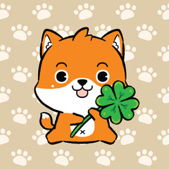 Cute Fox holding a four-leaf clover, Lucky Animals, Doodle cartoon style.