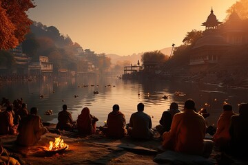 devotees and the serene landscapes near the Kosi River in Haridwar, India,Generated with AI - obrazy, fototapety, plakaty